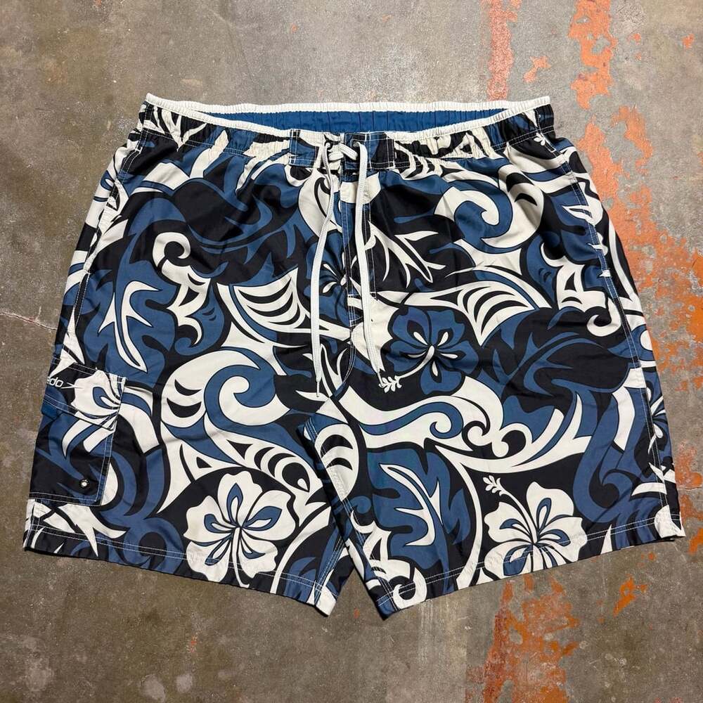 Speedo Blue & White Floral Tropical Print Mesh Lined Swim Trunks Board Shorts